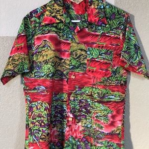 Royal Islander Vintage Hawaiian Shirt Aloha Red Green Mountain Print Size M EUC